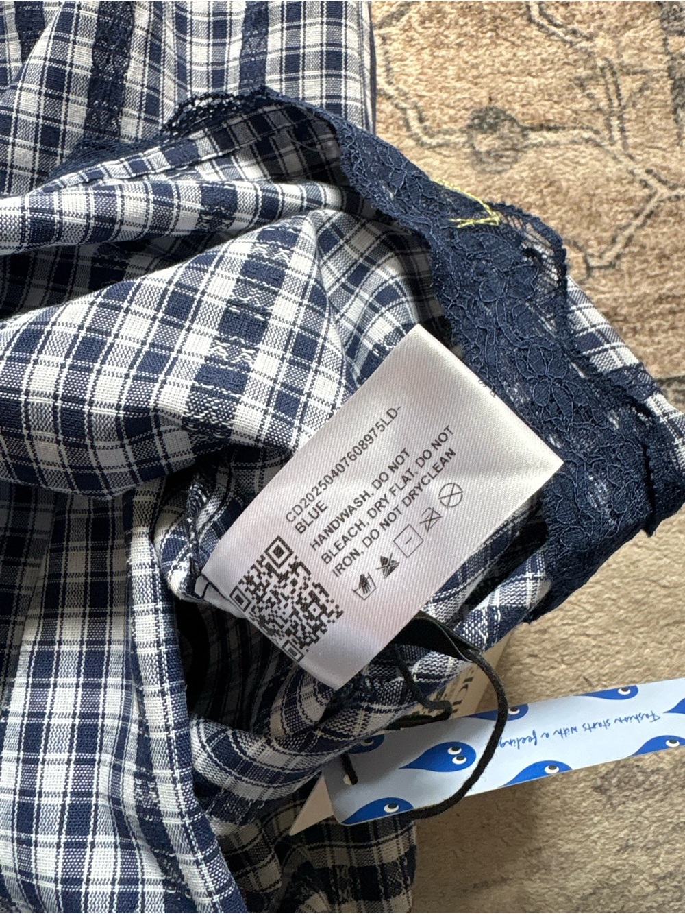 Cider COTTON-BLEND GINGHAM LACE TRIM TIERED SHIRRED MAXI DRESS navy blue XL NEW - Picture 10 of 13
